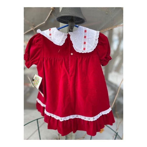 Vintage 80s Deadstock TUTTI FRUTTI Red Velvet White Eyelet Lace Dress Sz 2 - Picture 5 of 9